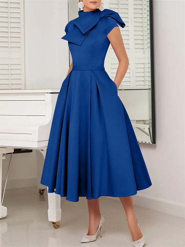 A-Line/Princess High Neck Short Sleeves Tea-Length Cocktail Dresses