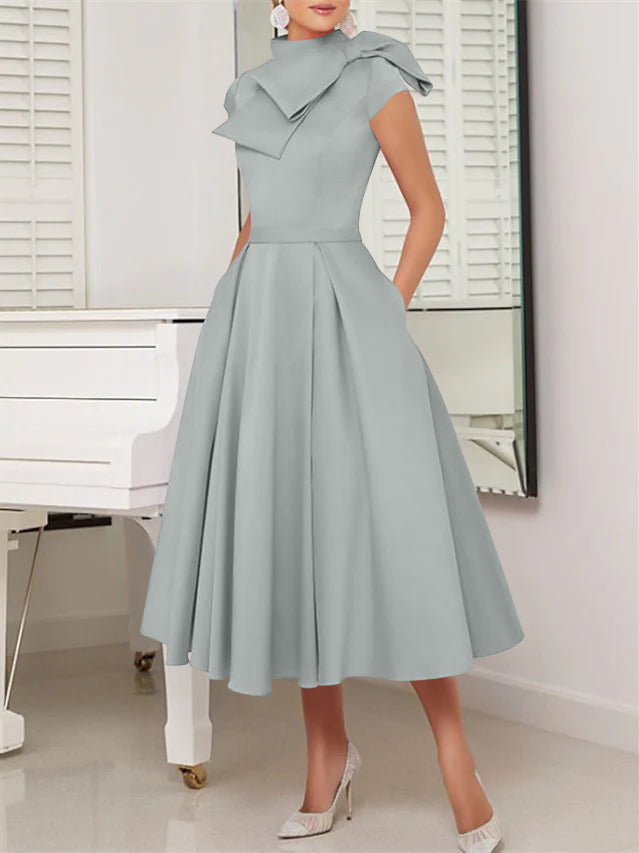 A-Line/Princess High Neck Short Sleeves Tea-Length Cocktail Dresses