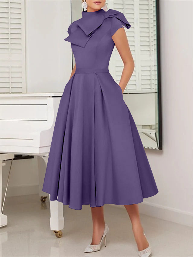 A-Line/Princess High Neck Short Sleeves Tea-Length Cocktail Dresses