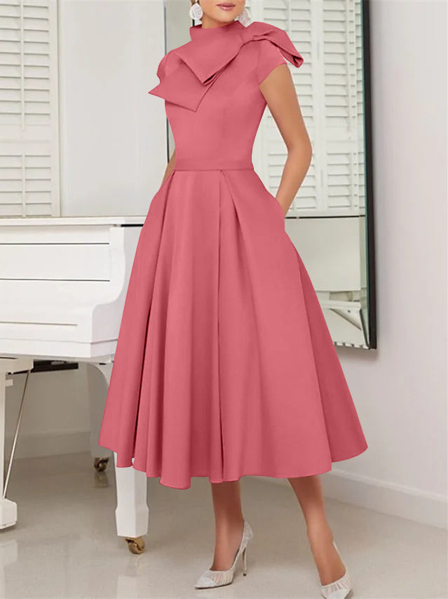 A-Line/Princess High Neck Short Sleeves Tea-Length Cocktail Dresses