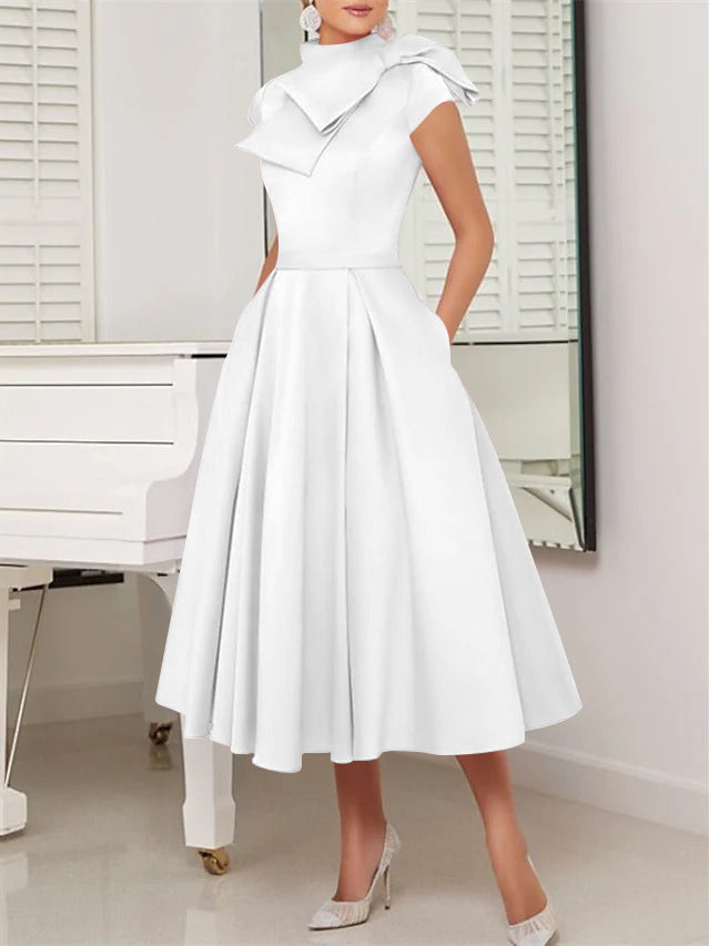 A-Line/Princess High Neck Short Sleeves Tea-Length Cocktail Dresses