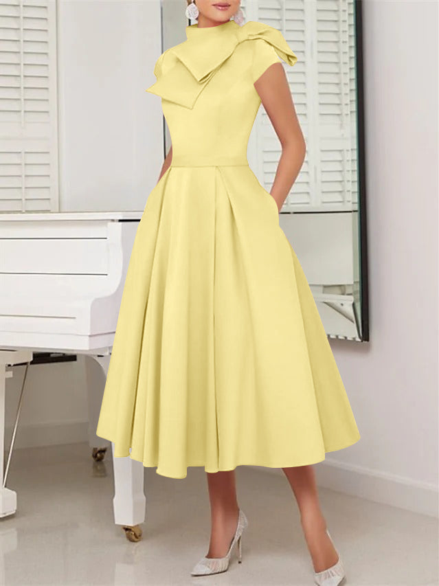 A-Line/Princess High Neck Short Sleeves Tea-Length Cocktail Dresses