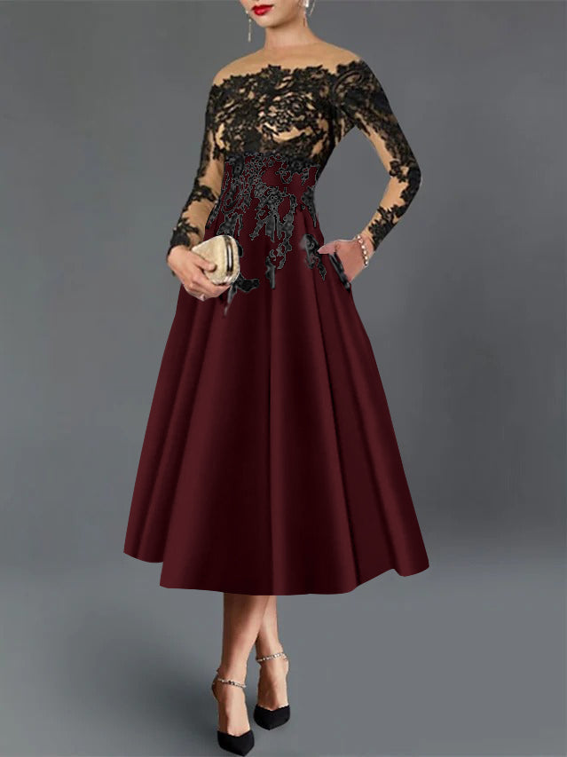 A-Line/Princess Illusion Neck Cocktail Dresses Long Sleeves Tea-Length  Satin Lace with Pleated