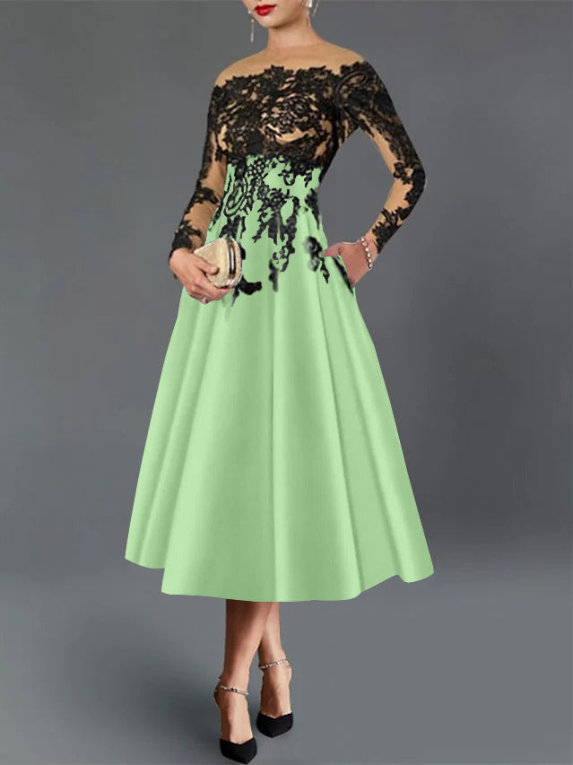A-Line/Princess Illusion Neck Cocktail Dresses Long Sleeves Tea-Length  Satin Lace with Pleated