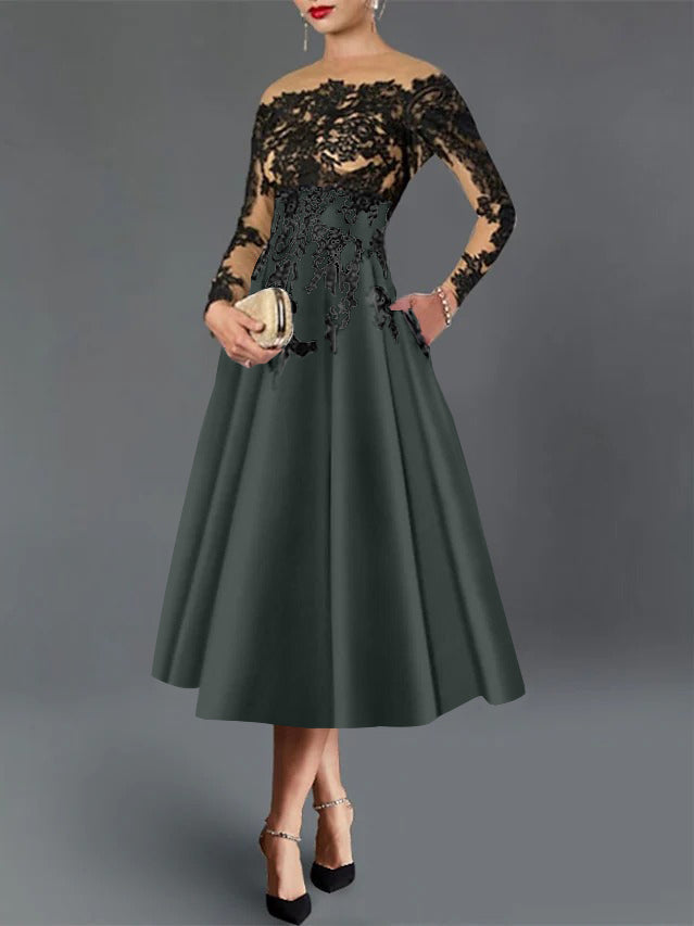 A-Line/Princess Illusion Neck Cocktail Dresses Long Sleeves Tea-Length  Satin Lace with Pleated