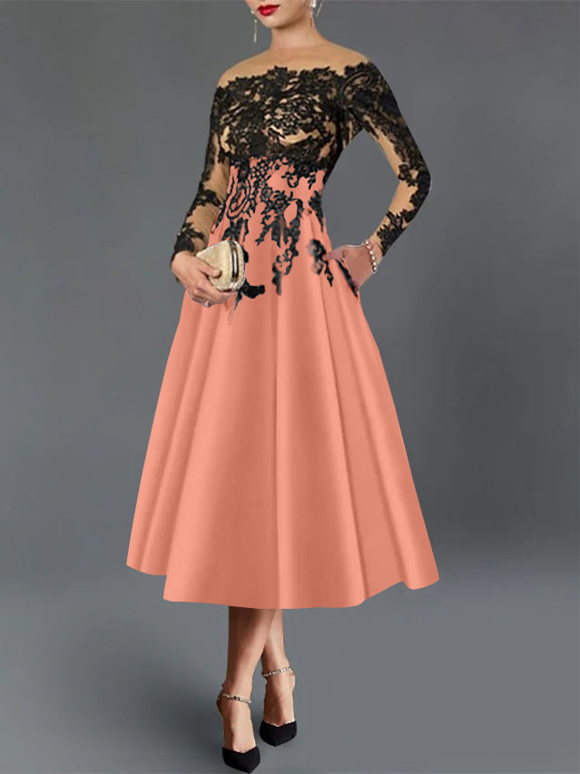 A-Line/Princess Illusion Neck Cocktail Dresses Long Sleeves Tea-Length  Satin Lace with Pleated