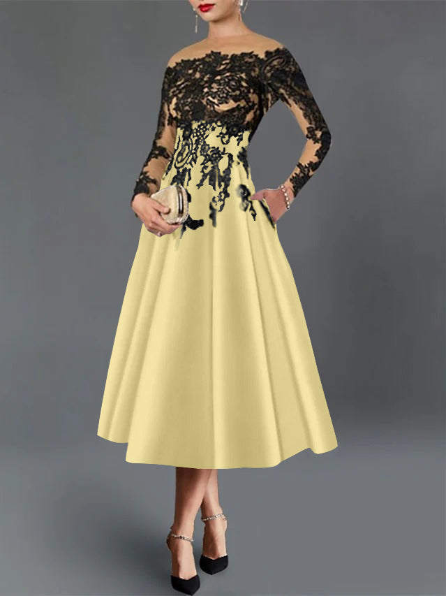 A-Line/Princess Illusion Neck Cocktail Dresses Long Sleeves Tea-Length  Satin Lace with Pleated
