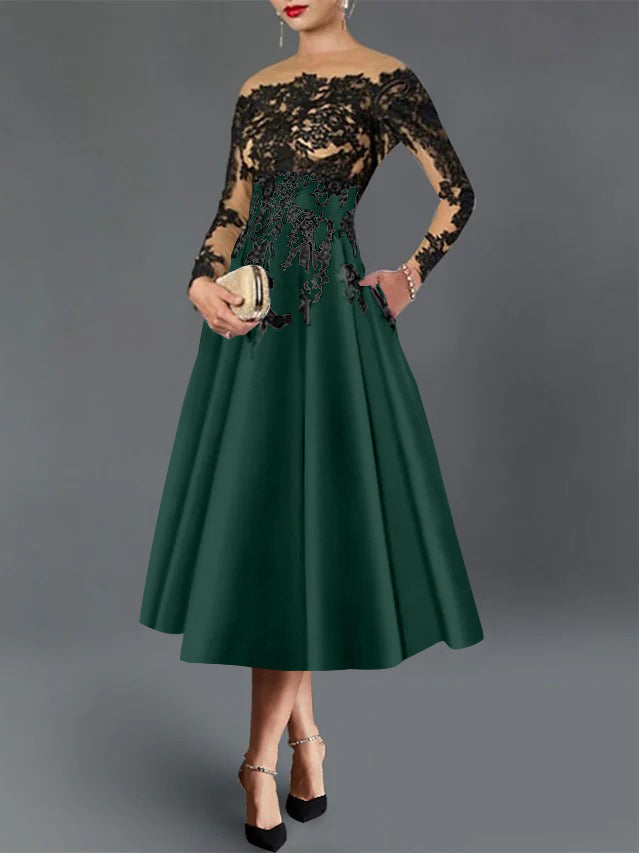 A-Line/Princess Illusion Neck Cocktail Dresses Long Sleeves Tea-Length  Satin Lace with Pleated