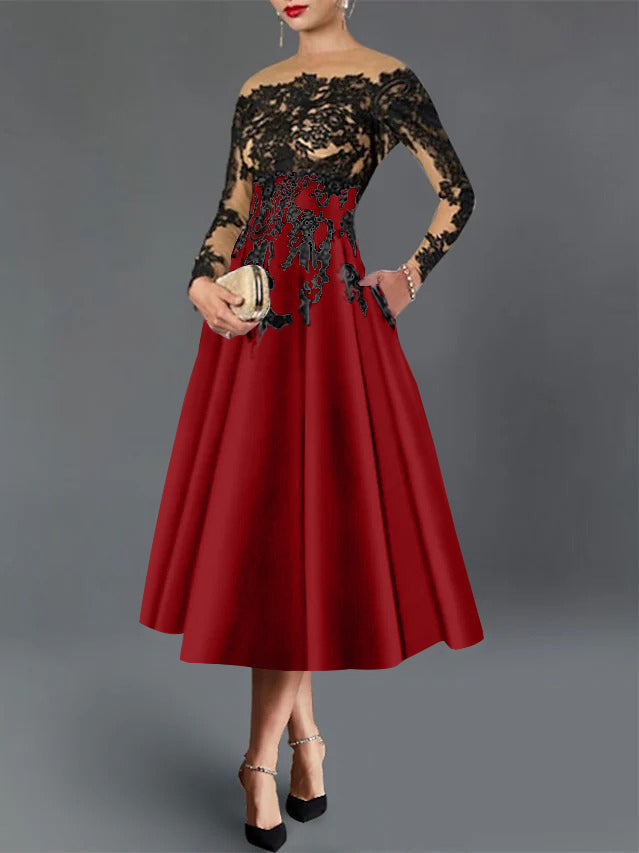 A-Line/Princess Illusion Neck Cocktail Dresses Long Sleeves Tea-Length  Satin Lace with Pleated