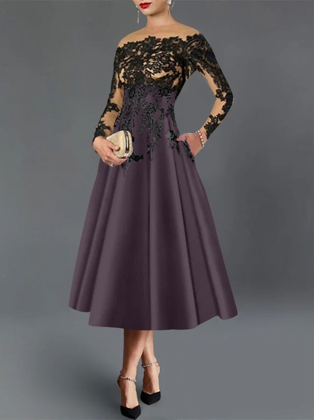 A-Line/Princess Illusion Neck Cocktail Dresses Long Sleeves Tea-Length  Satin Lace with Pleated
