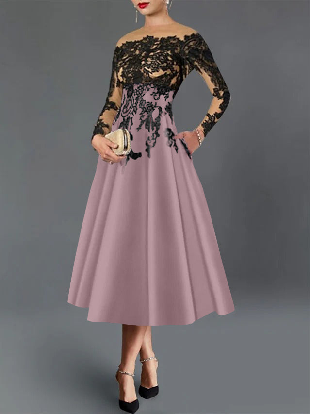 A-Line/Princess Illusion Neck Cocktail Dresses Long Sleeves Tea-Length  Satin Lace with Pleated