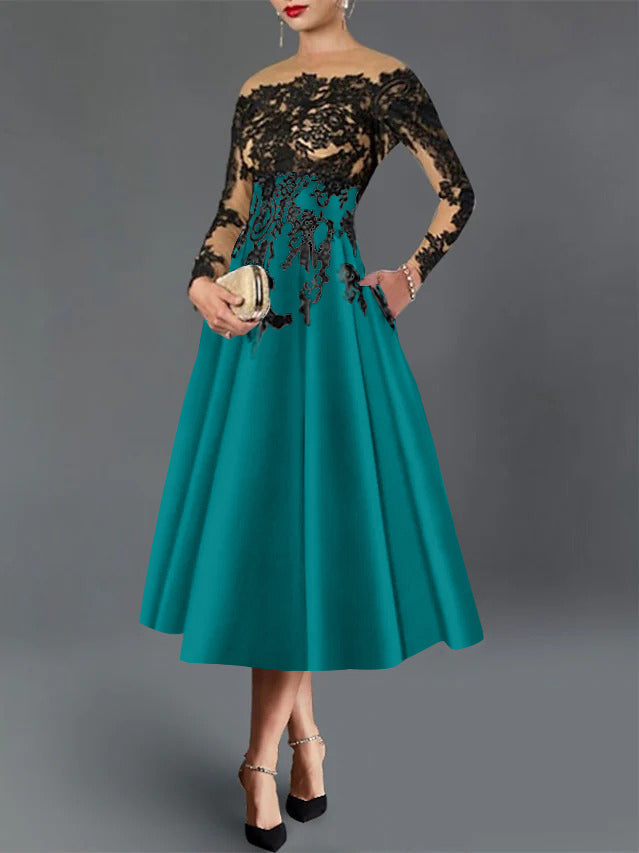 A-Line/Princess Illusion Neck Cocktail Dresses Long Sleeves Tea-Length  Satin Lace with Pleated