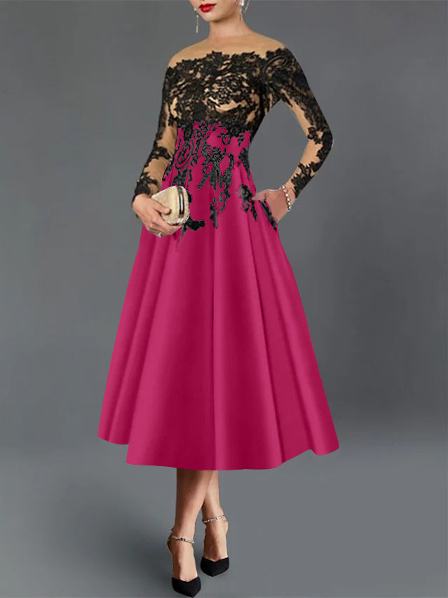 A-Line/Princess Illusion Neck Cocktail Dresses Long Sleeves Tea-Length  Satin Lace with Pleated