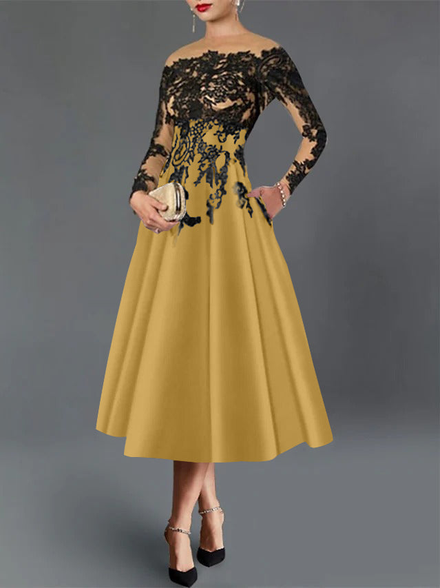 A-Line/Princess Illusion Neck Cocktail Dresses Long Sleeves Tea-Length  Satin Lace with Pleated
