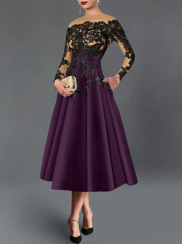 A-Line/Princess Illusion Neck Cocktail Dresses Long Sleeves Tea-Length  Satin Lace with Pleated