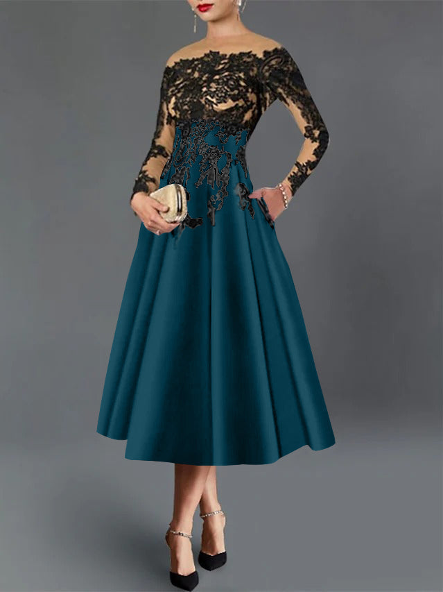 A-Line/Princess Illusion Neck Cocktail Dresses Long Sleeves Tea-Length  Satin Lace with Pleated