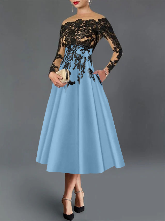 A-Line/Princess Illusion Neck Cocktail Dresses Long Sleeves Tea-Length  Satin Lace with Pleated