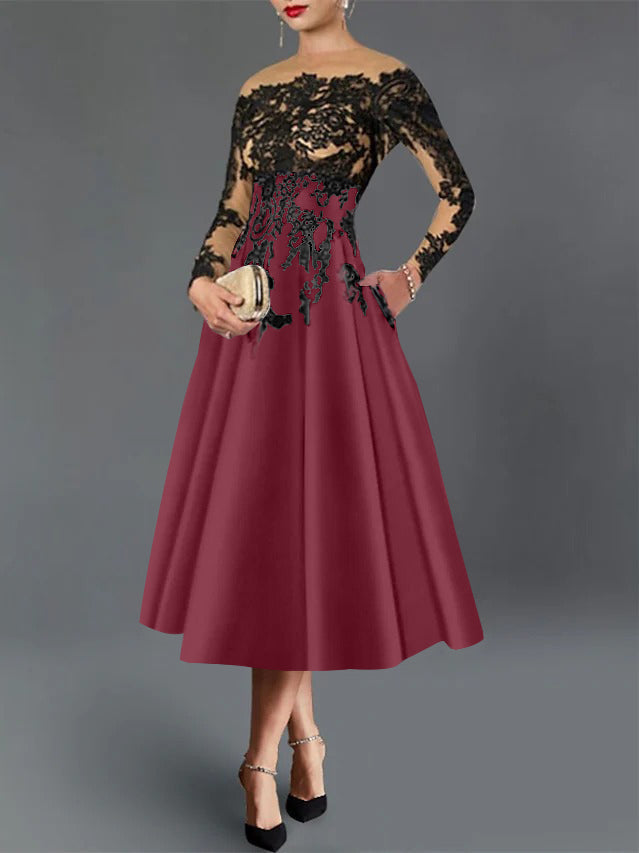 A-Line/Princess Illusion Neck Cocktail Dresses Long Sleeves Tea-Length  Satin Lace with Pleated