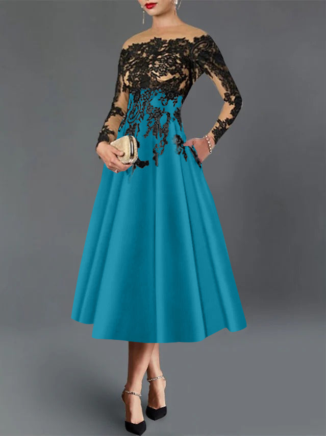 A-Line/Princess Illusion Neck Cocktail Dresses Long Sleeves Tea-Length  Satin Lace with Pleated