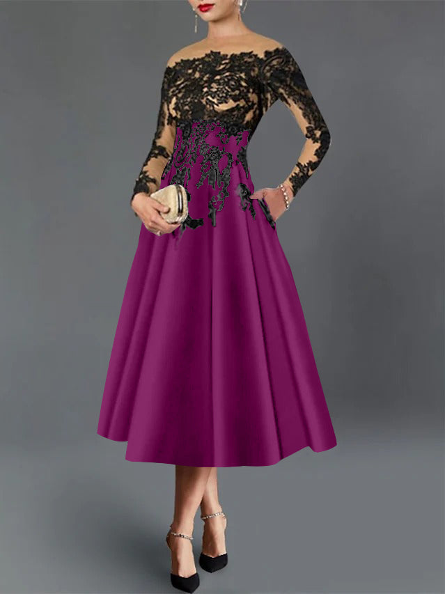 A-Line/Princess Illusion Neck Cocktail Dresses Long Sleeves Tea-Length  Satin Lace with Pleated