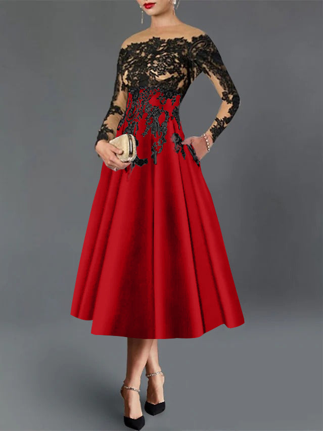 A-Line/Princess Illusion Neck Cocktail Dresses Long Sleeves Tea-Length  Satin Lace with Pleated