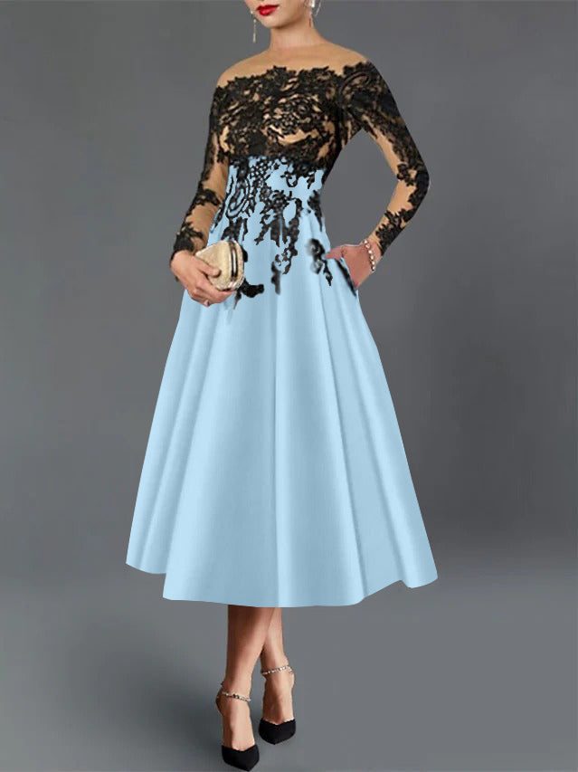 A-Line/Princess Illusion Neck Cocktail Dresses Long Sleeves Tea-Length  Satin Lace with Pleated