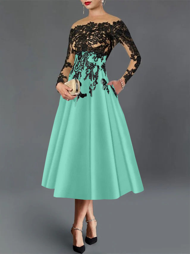 A-Line/Princess Illusion Neck Cocktail Dresses Long Sleeves Tea-Length  Satin Lace with Pleated