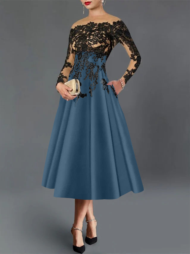 A-Line/Princess Illusion Neck Cocktail Dresses Long Sleeves Tea-Length  Satin Lace with Pleated
