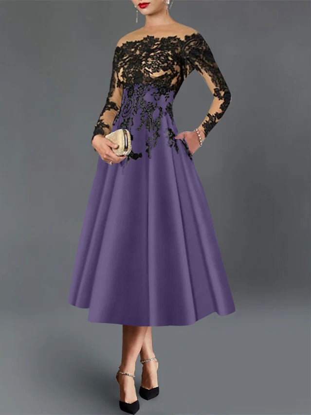 A-Line/Princess Illusion Neck Cocktail Dresses Long Sleeves Tea-Length  Satin Lace with Pleated
