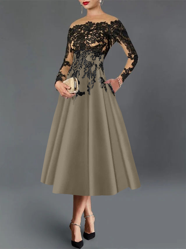 A-Line/Princess Illusion Neck Cocktail Dresses Long Sleeves Tea-Length  Satin Lace with Pleated
