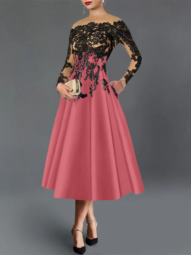 A-Line/Princess Illusion Neck Cocktail Dresses Long Sleeves Tea-Length  Satin Lace with Pleated