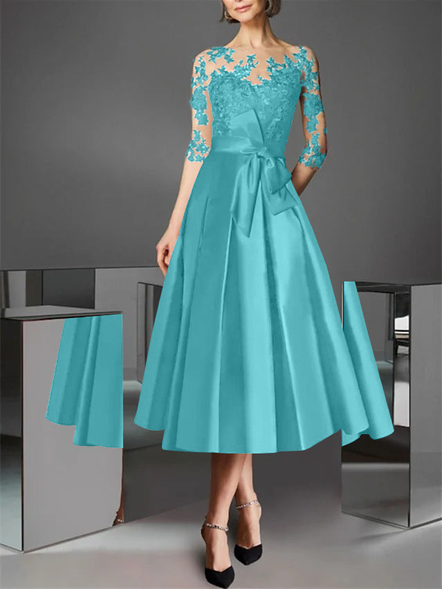 A-Line/Princess Illusion Neck Tea-Length Cocktail Dresses Satin Lace Half Sleeves Wedding Guest with Bowknot