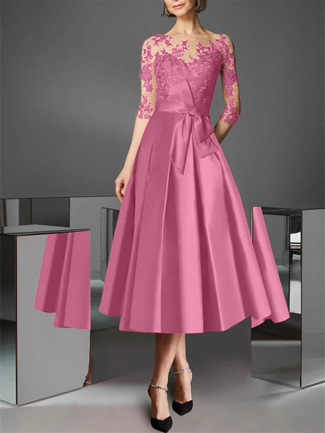 A-Line/Princess Illusion Neck Tea-Length Cocktail Dresses Satin Lace Half Sleeves Wedding Guest with Bowknot