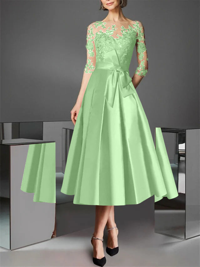 A-Line/Princess Illusion Neck Tea-Length Cocktail Dresses Satin Lace Half Sleeves Wedding Guest with Bowknot