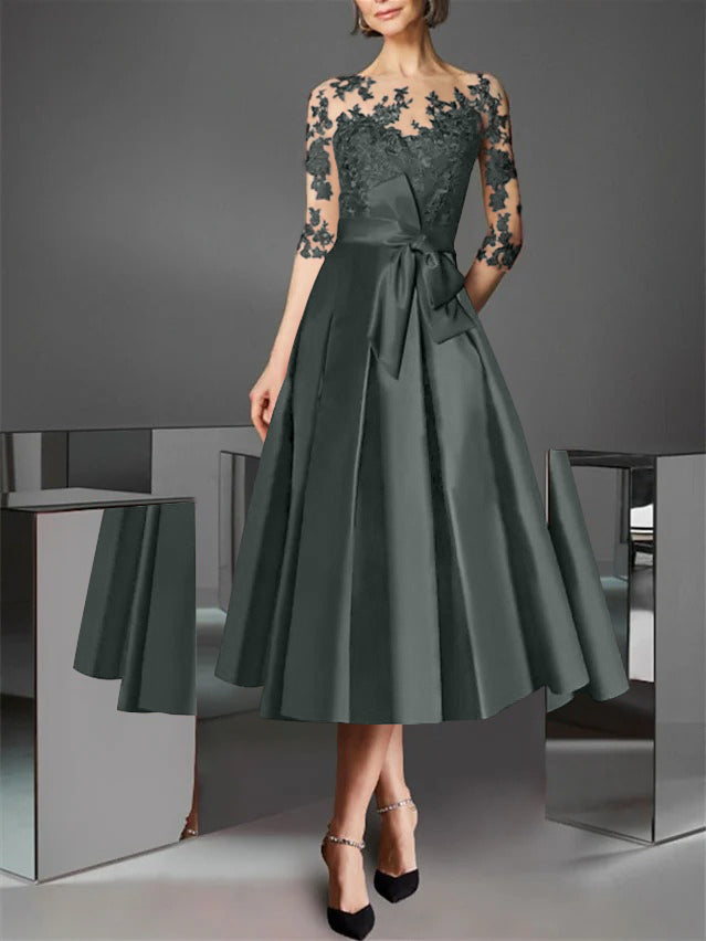 A-Line/Princess Illusion Neck Tea-Length Cocktail Dresses Satin Lace Half Sleeves Wedding Guest with Bowknot