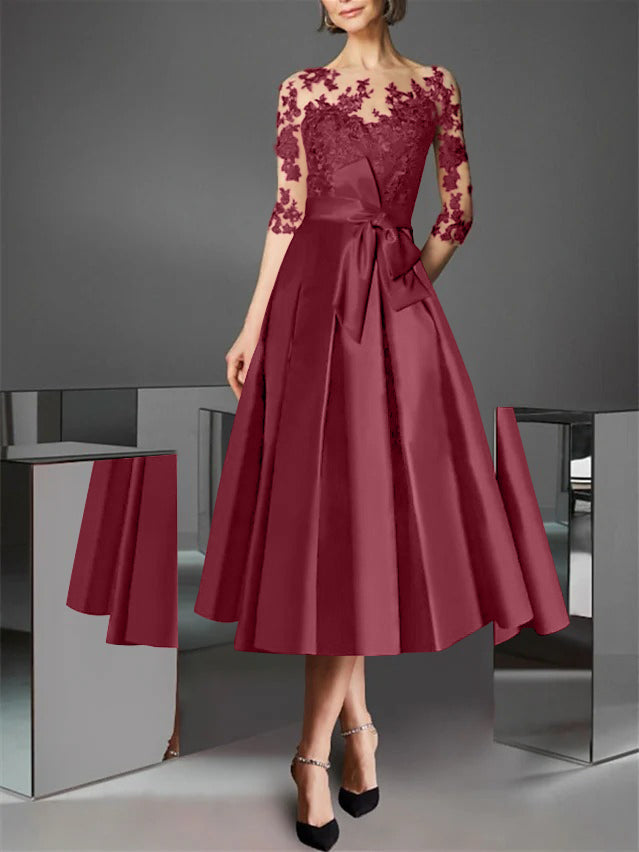 A-Line/Princess Illusion Neck Tea-Length Cocktail Dresses Satin Lace Half Sleeves Wedding Guest with Bowknot