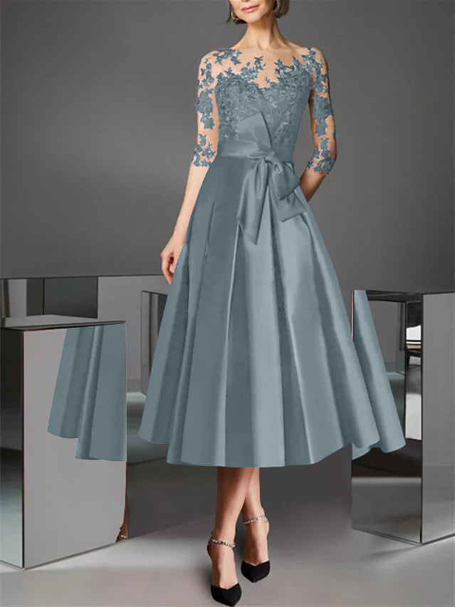 A-Line/Princess Illusion Neck Tea-Length Cocktail Dresses Satin Lace Half Sleeves Wedding Guest with Bowknot