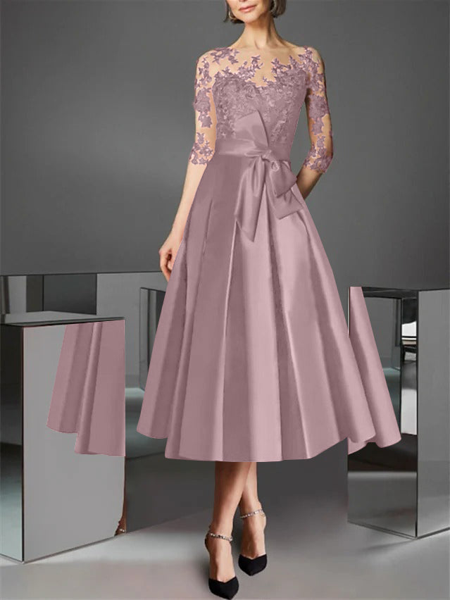 A-Line/Princess Illusion Neck Tea-Length Cocktail Dresses Satin Lace Half Sleeves Wedding Guest with Bowknot
