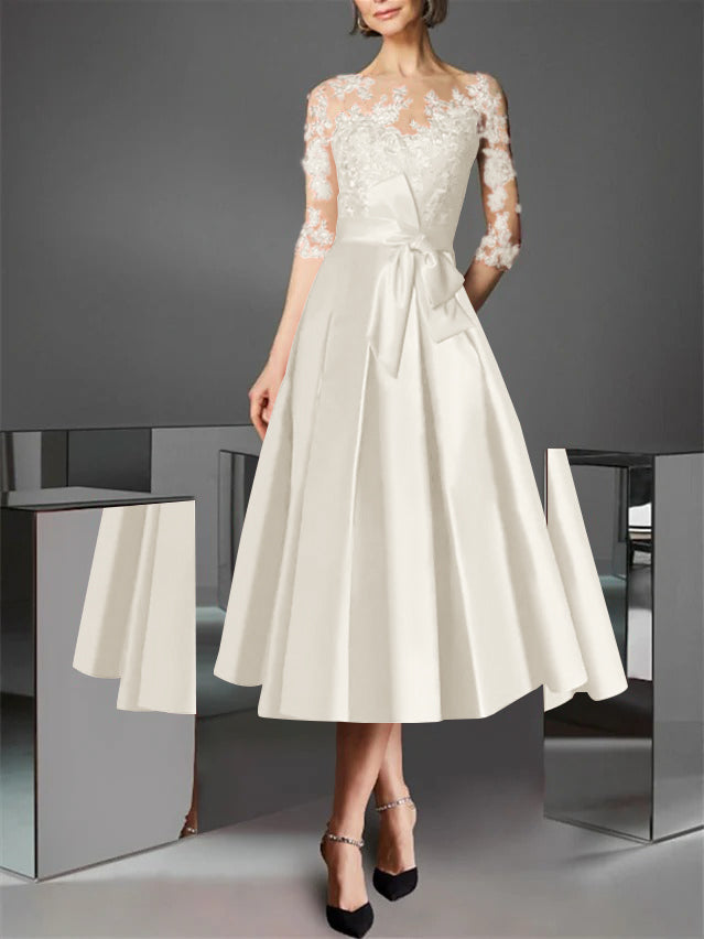 A-Line/Princess Illusion Neck Tea-Length Cocktail Dresses Satin Lace Half Sleeves Wedding Guest with Bowknot