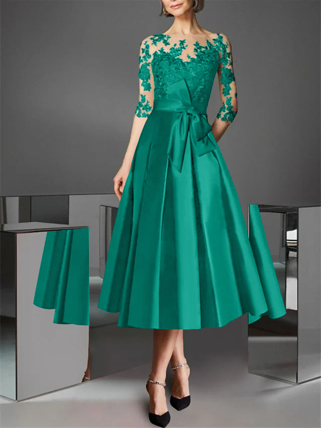A-Line/Princess Illusion Neck Tea-Length Cocktail Dresses Satin Lace Half Sleeves Wedding Guest with Bowknot