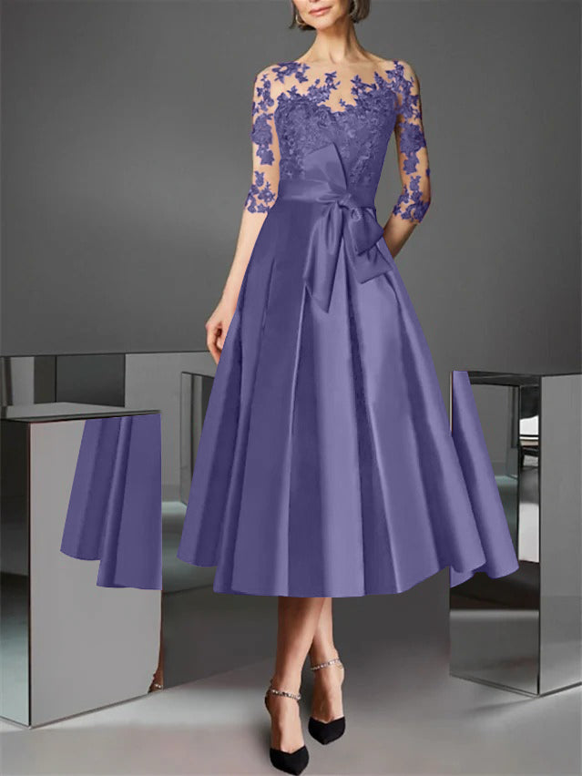 A-Line/Princess Illusion Neck Tea-Length Cocktail Dresses Satin Lace Half Sleeves Wedding Guest with Bowknot