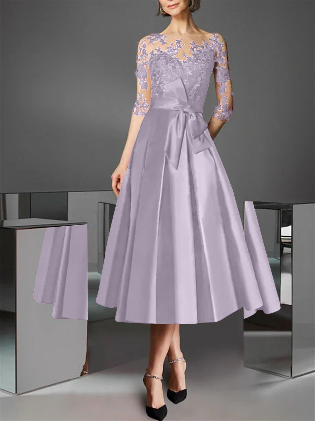 A-Line/Princess Illusion Neck Tea-Length Cocktail Dresses Satin Lace Half Sleeves Wedding Guest with Bowknot