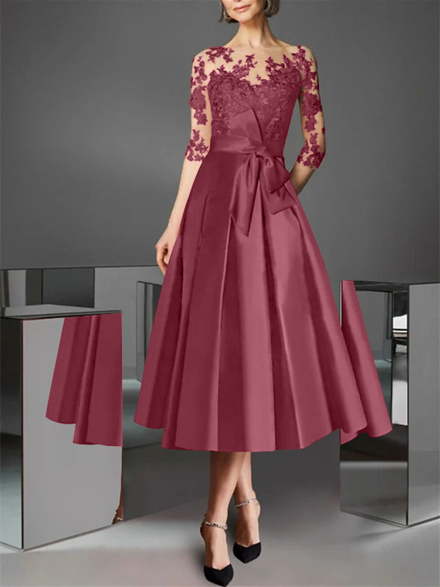 A-Line/Princess Illusion Neck Tea-Length Cocktail Dresses Satin Lace Half Sleeves Wedding Guest with Bowknot