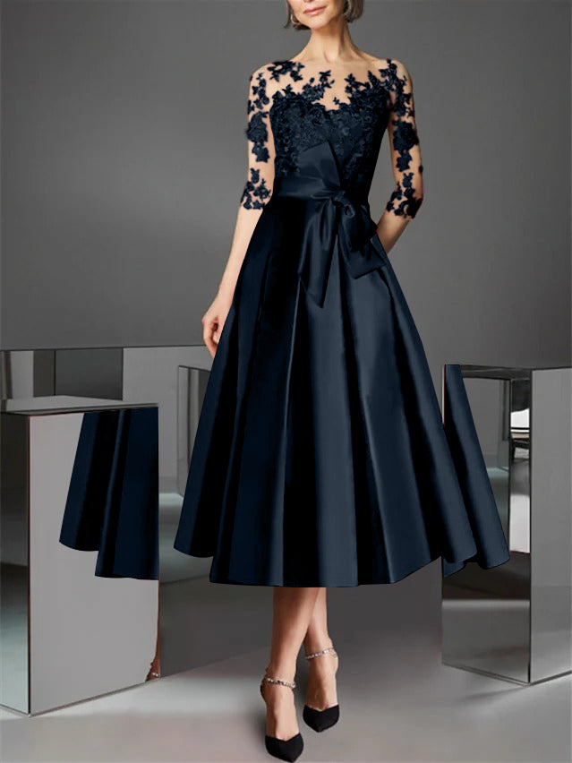 A-Line/Princess Illusion Neck Tea-Length Cocktail Dresses Satin Lace Half Sleeves Wedding Guest with Bowknot