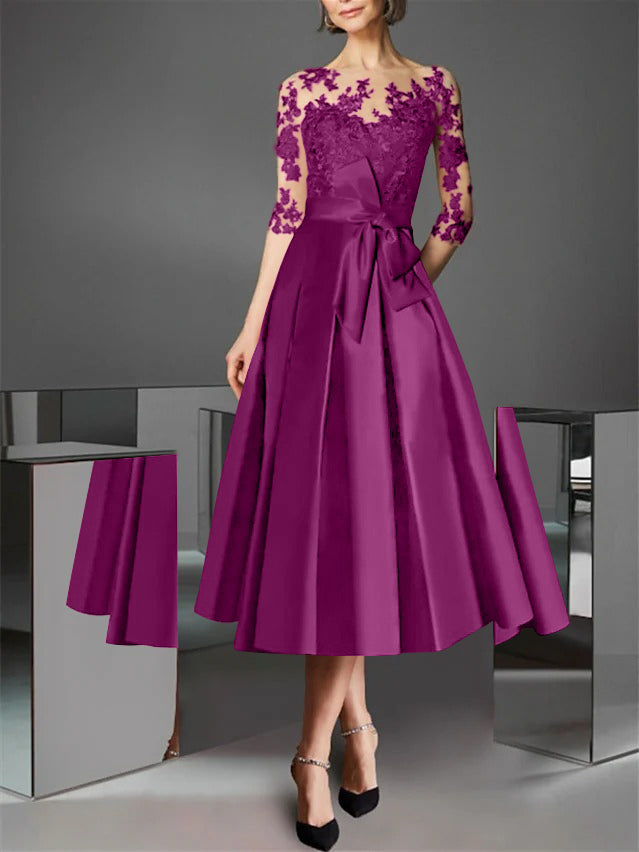 A-Line/Princess Illusion Neck Tea-Length Cocktail Dresses Satin Lace Half Sleeves Wedding Guest with Bowknot