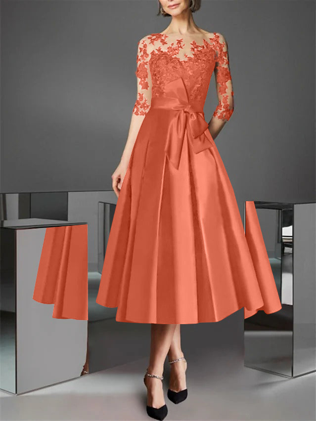 A-Line/Princess Illusion Neck Tea-Length Cocktail Dresses Satin Lace Half Sleeves Wedding Guest with Bowknot