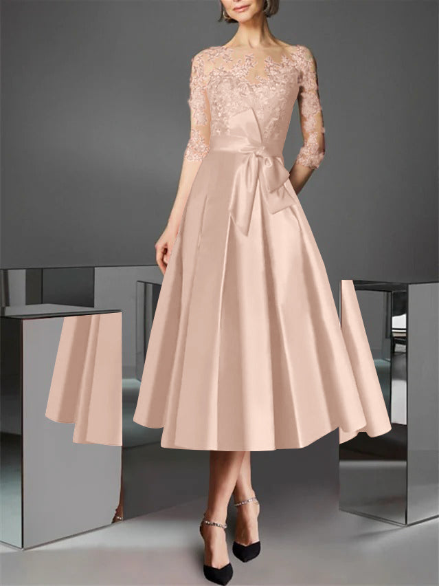 A-Line/Princess Illusion Neck Tea-Length Cocktail Dresses Satin Lace Half Sleeves Wedding Guest with Bowknot