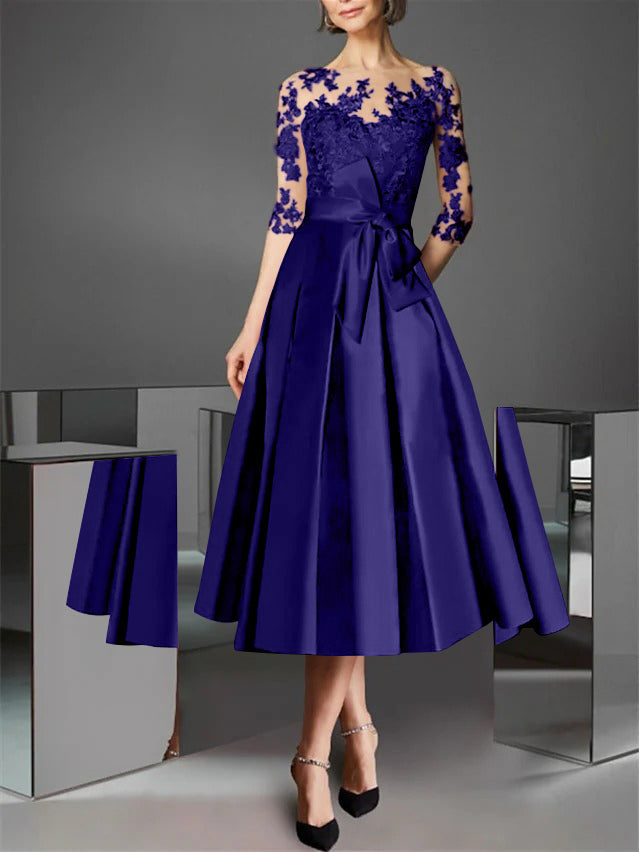 A-Line/Princess Illusion Neck Tea-Length Cocktail Dresses Satin Lace Half Sleeves Wedding Guest with Bowknot