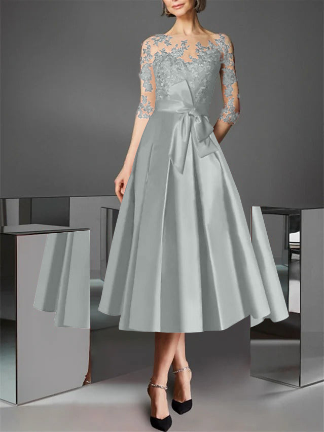 A-Line/Princess Illusion Neck Tea-Length Cocktail Dresses Satin Lace Half Sleeves Wedding Guest with Bowknot