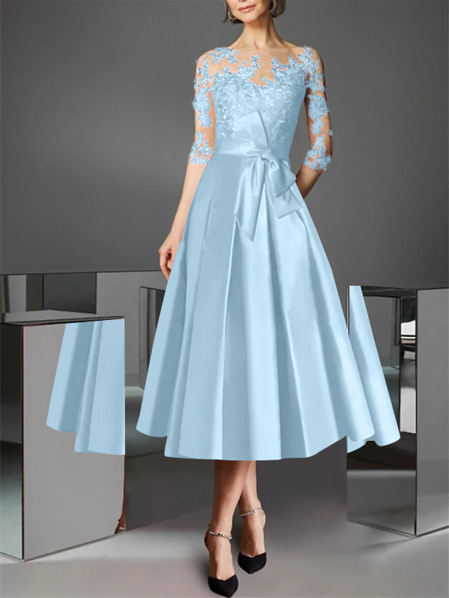 A-Line/Princess Illusion Neck Tea-Length Cocktail Dresses Satin Lace Half Sleeves Wedding Guest with Bowknot
